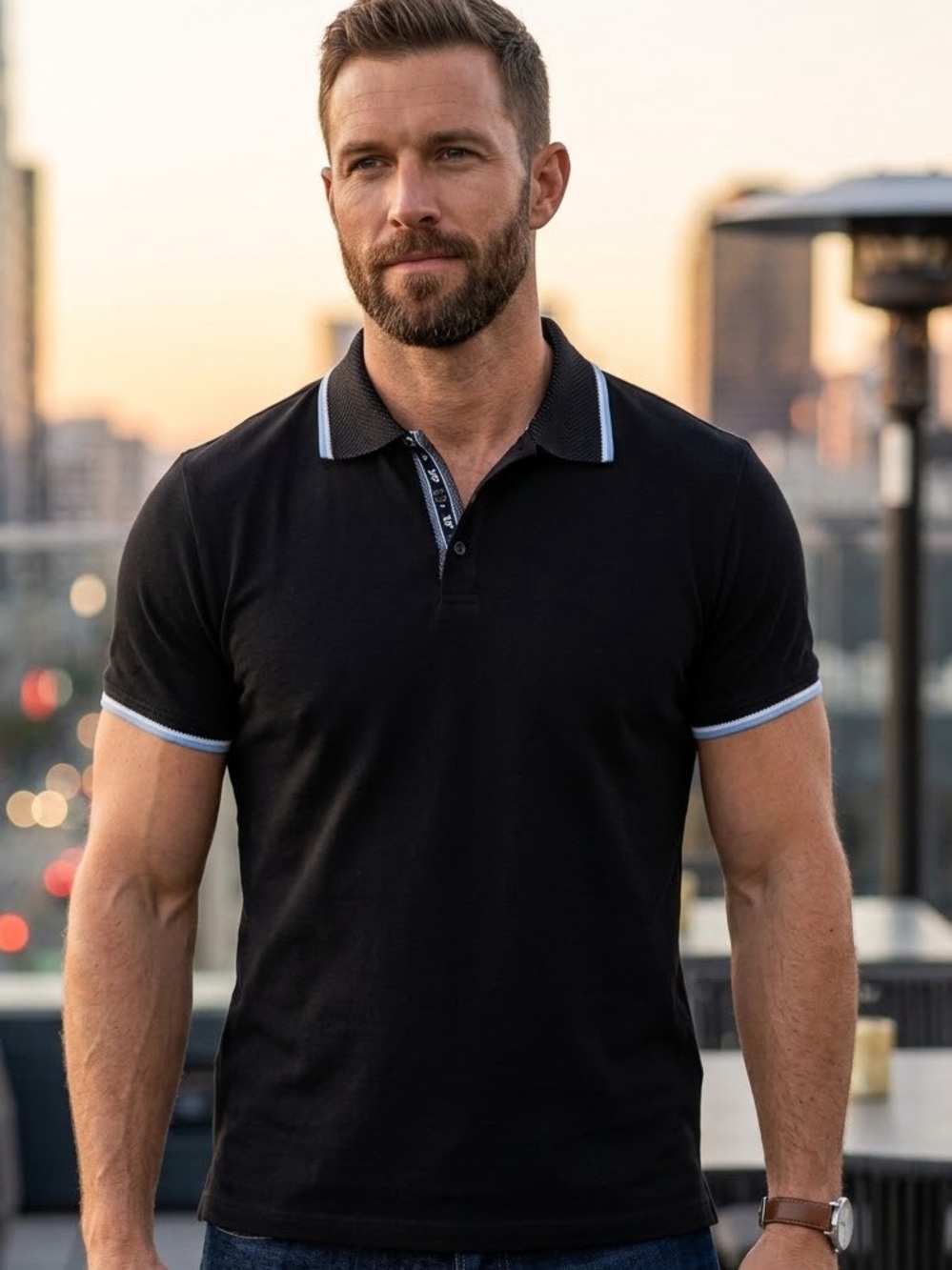 Classic Black Polo with Light Blue Contrast Trim